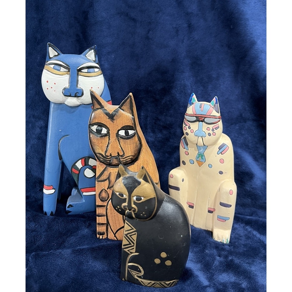 VTG Whimsical Folk Art Cat Figurines Set Of 4 Mid Century Eclectic Boho Decor
